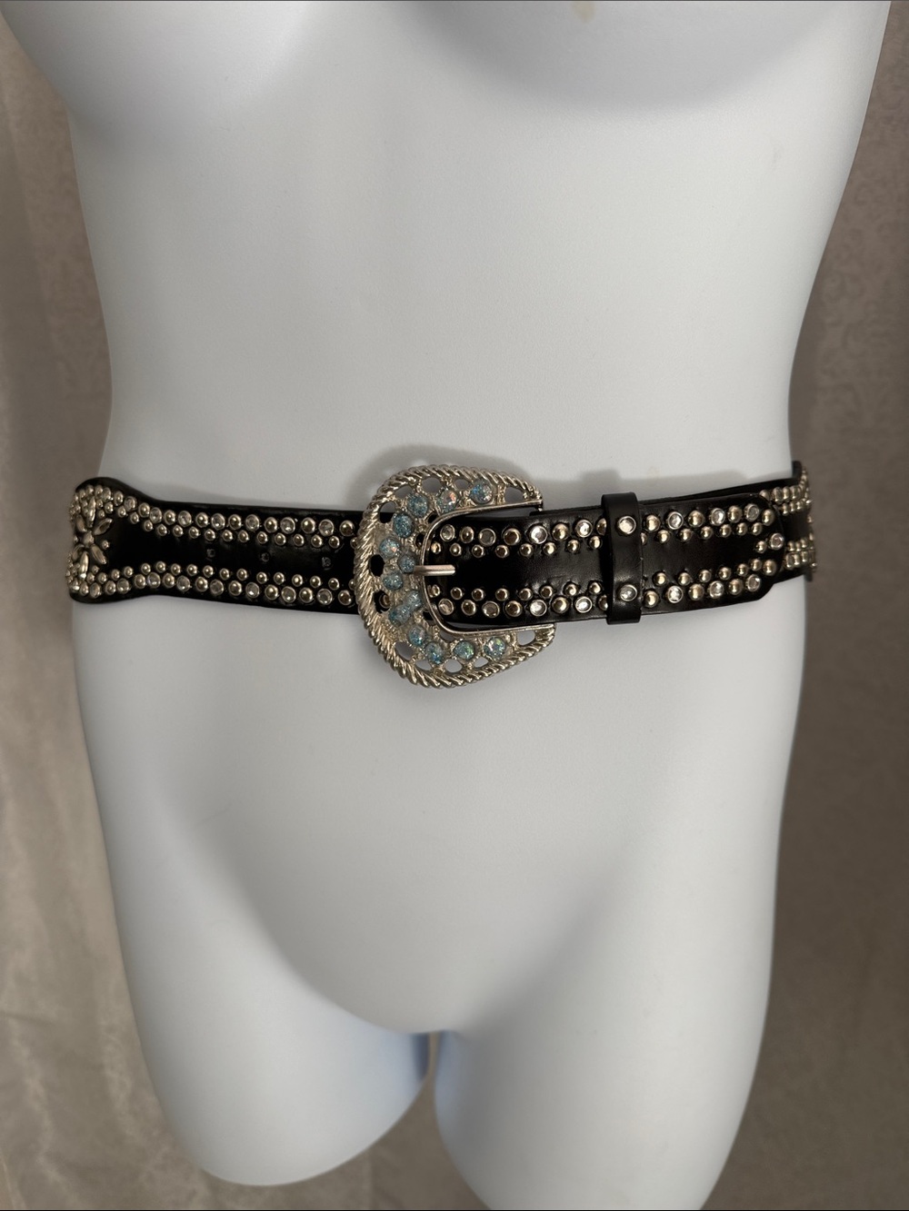 Studded Black Faux Leather Belt with Decorative Accent Buckle Sz: M
